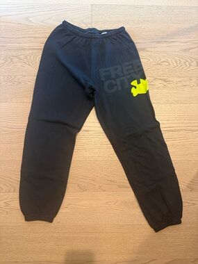 Freecity Women’s Dark Navy Sweatpants with Neon Yellow Graphic